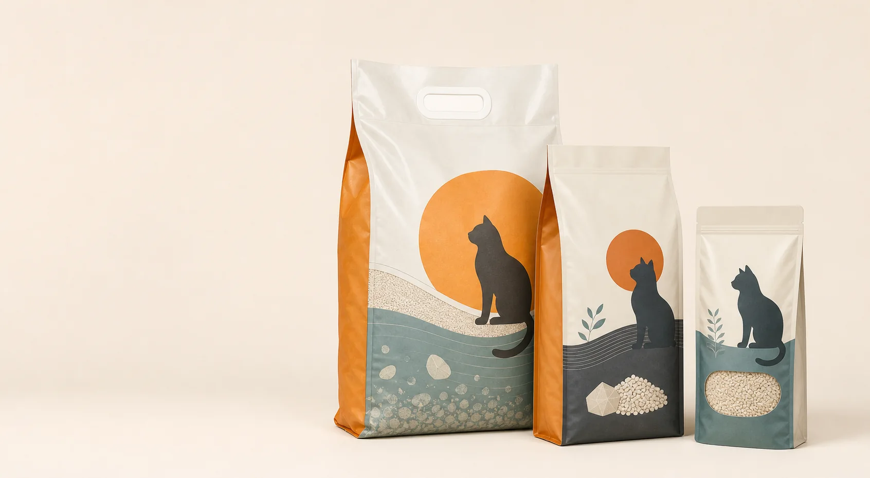 Three custom printed cat litter packaging bag formats