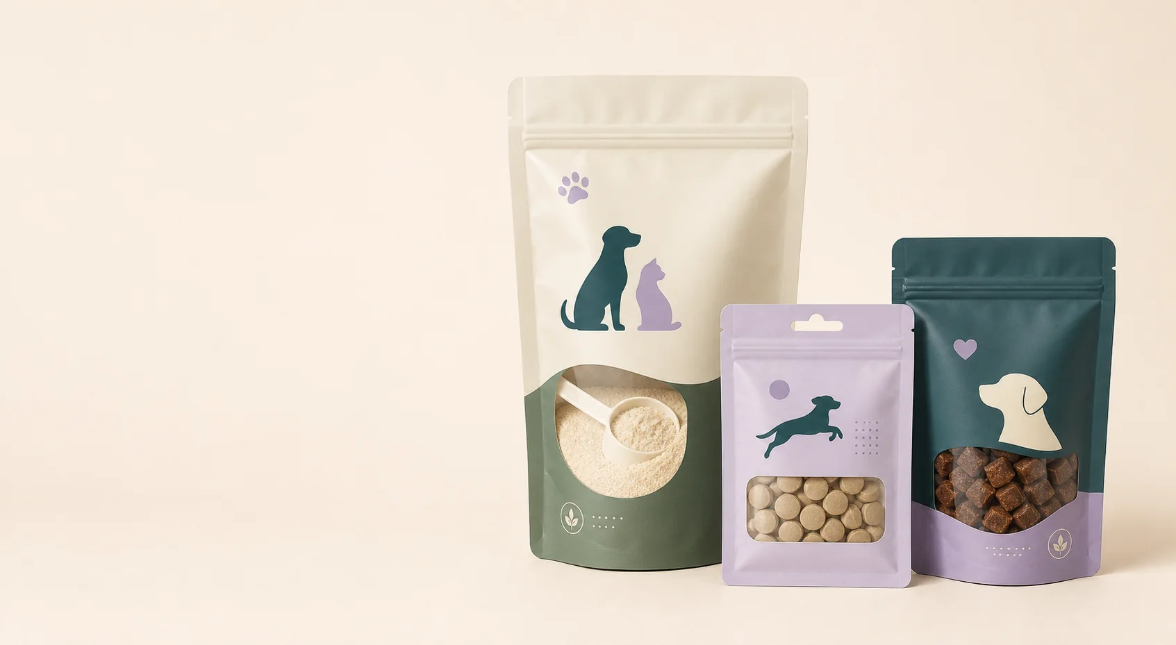 Small custom pet nutrition pouches