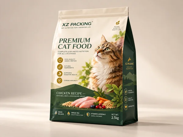 Illustrative concept showing the front panel, side gusset and stable base of a flat bottom pet food bag