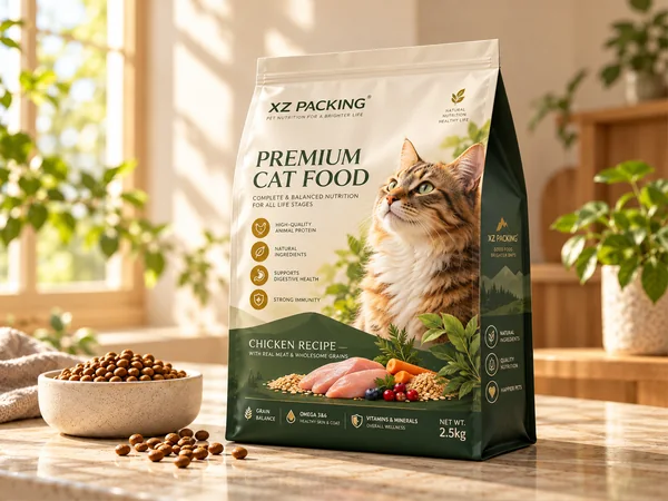 Illustrative concept of a flat bottom pet food bag in a naturally lit home setting