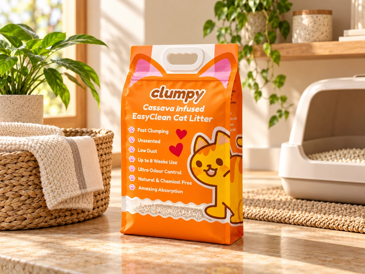 Styled product scene showing an orange cat litter bag with an integrated carry handle beside a litter tray