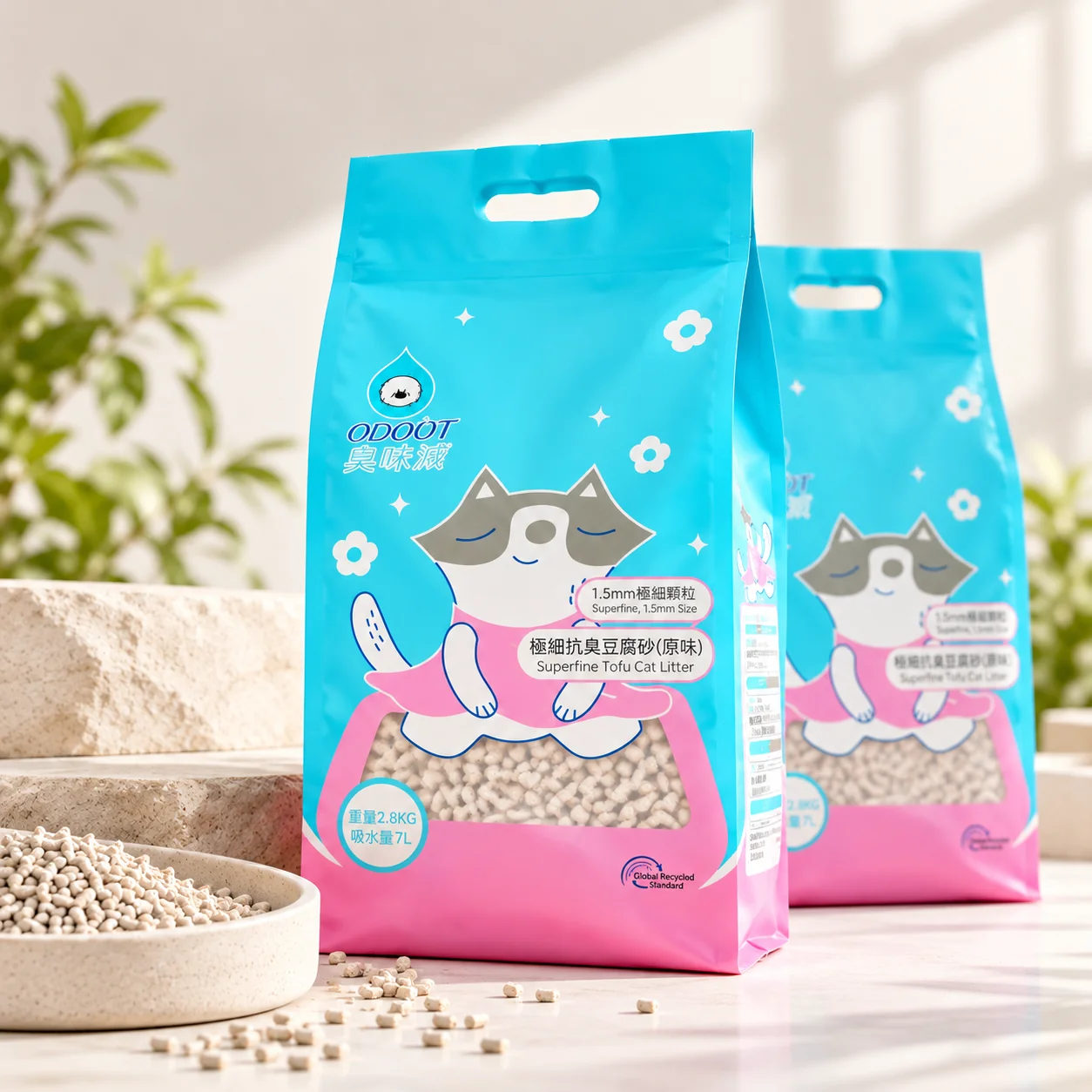 Styled display of two blue and pink tofu cat litter bags with cat litter granules
