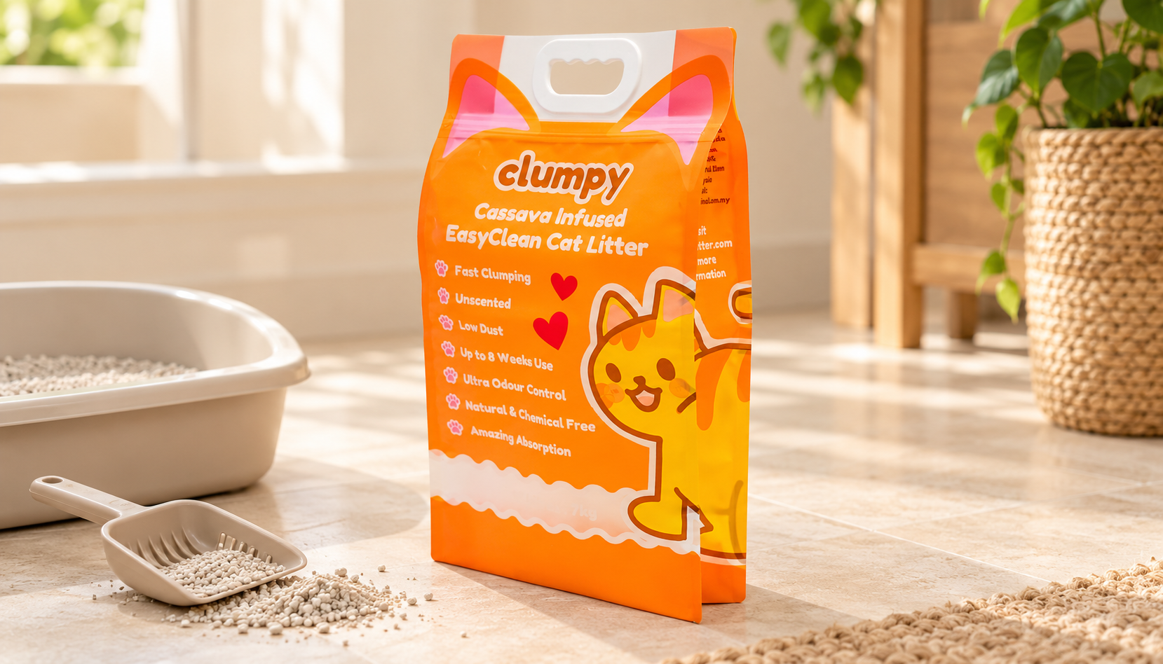 Real cat litter bag in a styled home pet-care scene