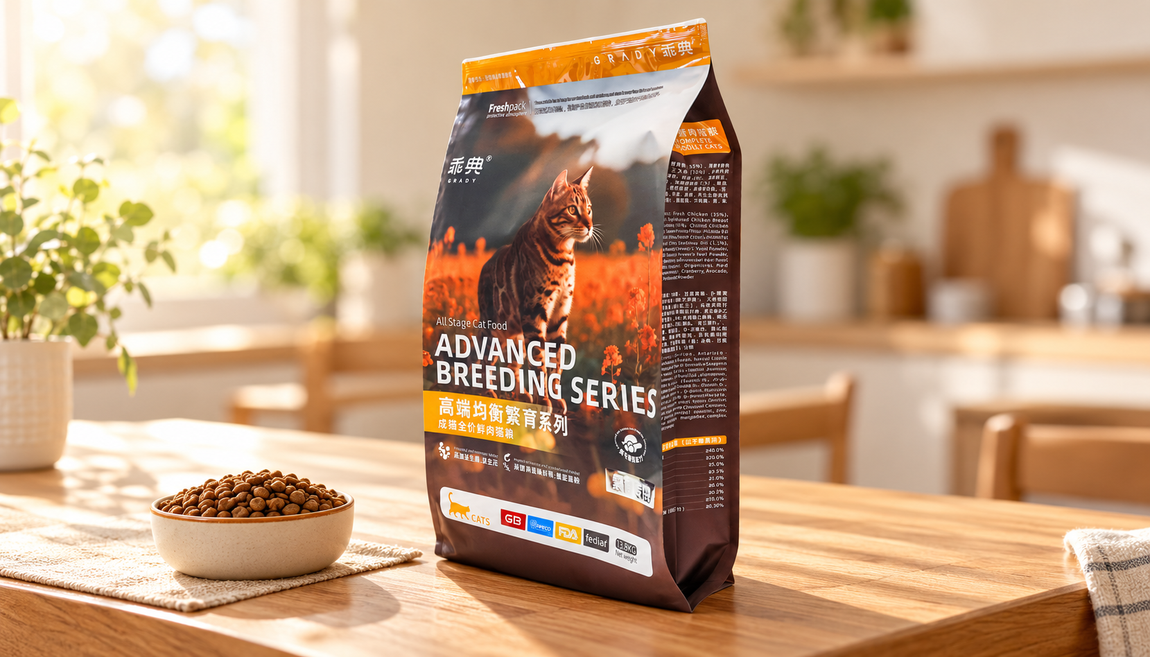 Real dry pet food bag in a styled indoor packaging scene