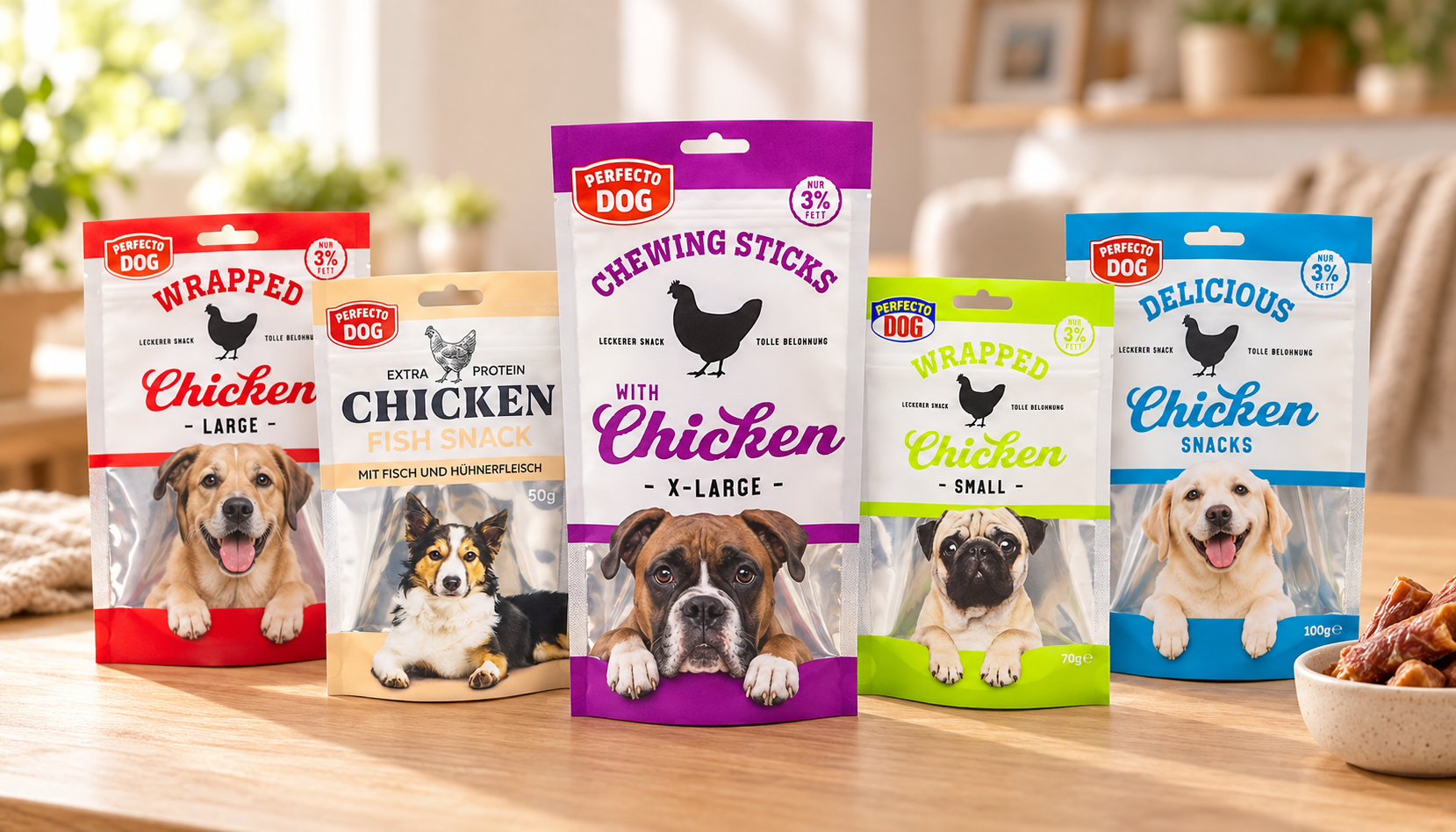 Real pet treat pouches in a styled indoor packaging scene