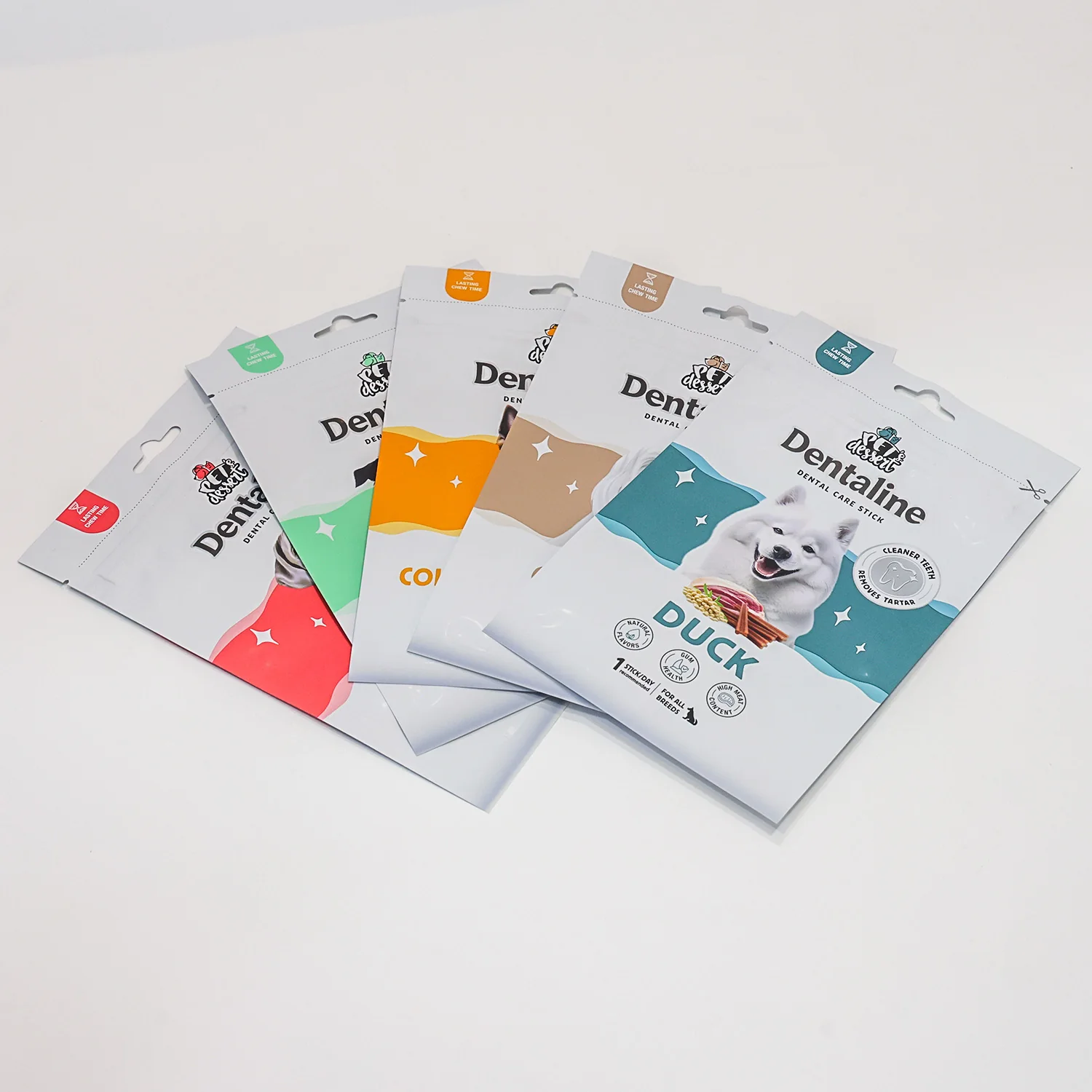 Flat pet treat pouches with hang holes