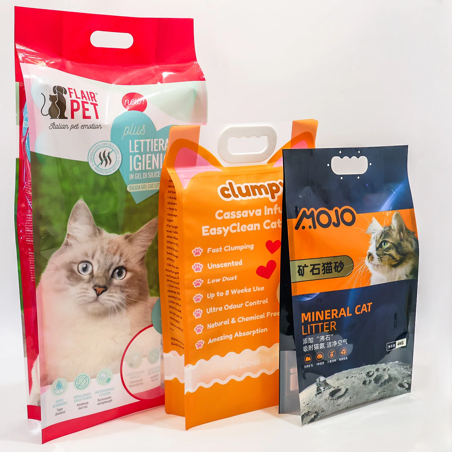 Side gusset and flat cat litter packaging bags